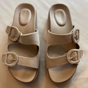 Vionic Women’s Capitola Leather Taupe Adjustable Platform Slide Sandals Sz 7